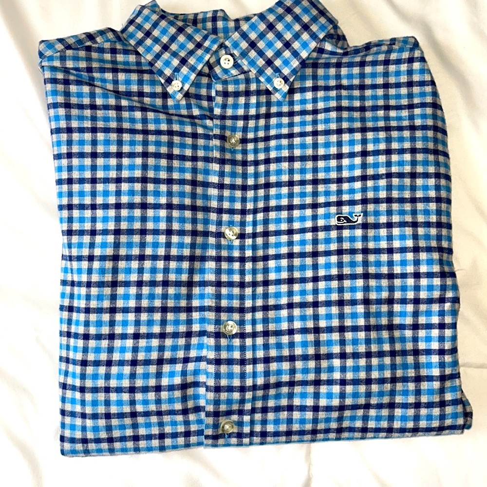 Blue, navy, white striped Vineyard Vines flannel